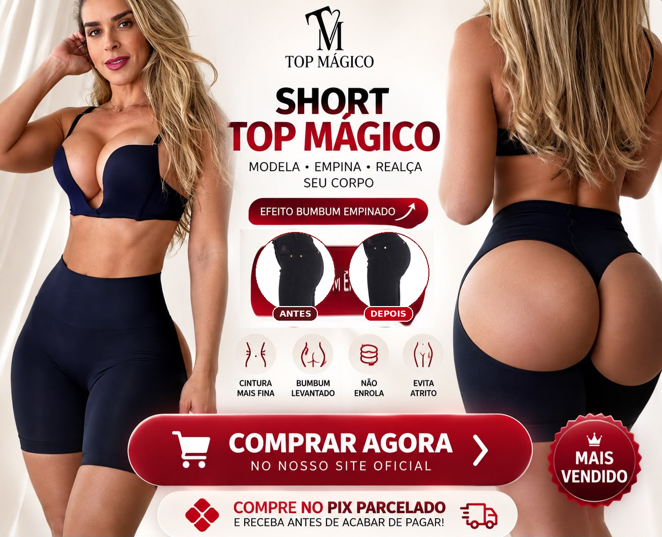Short Top Mágico modelador com efeito bumbum empinado, antes e depois e benefícios