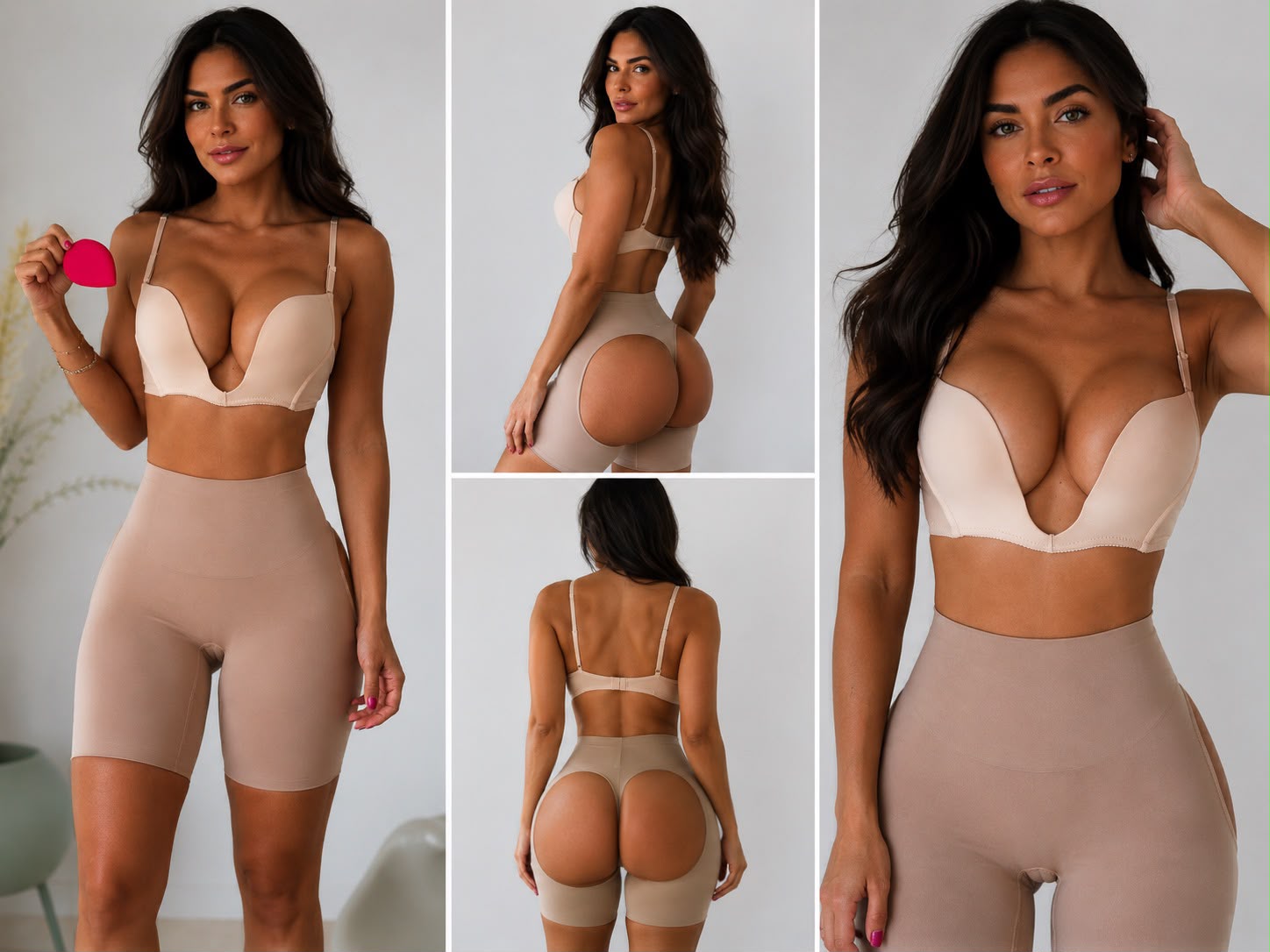 Conjunto Top Mágico bege apresentado de frente, costas e em detalhes